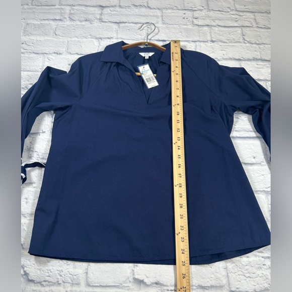 Crown & Ivy Navy Blue 3/4 Sleeve V Neck Pullover Blouse w/ White Trim Tie Sleeve - Picture 7 of 8